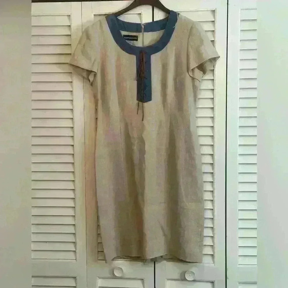 Donna Morgan 100% Linen Dress w/ Denim and Leather Lace Detail Sz 12 - Picture 1 of 14